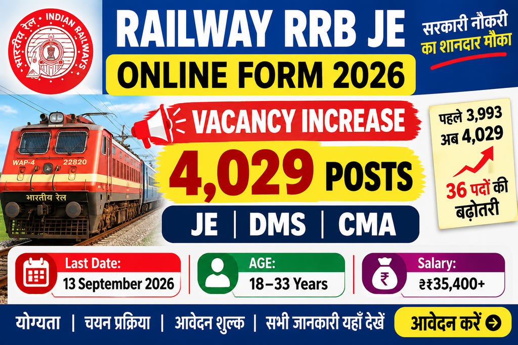Railway RRB Junior Engineer Online Form 2026 – Vacancy Increased, 4029 Posts 1 Railway RRB Junior Engineer Online Form 2026 Vacancy Increase
